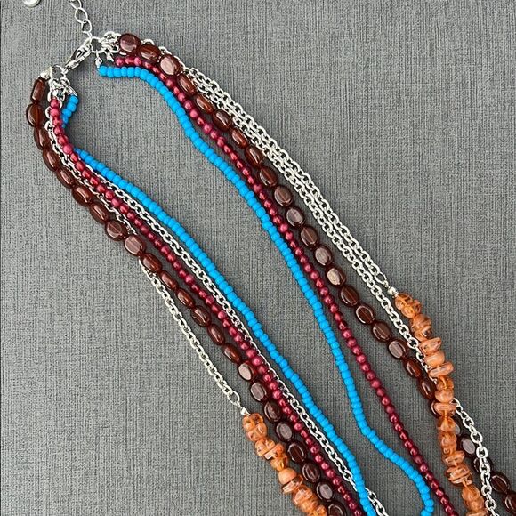 Women’s Multilayered Layer Turquoise and Silver Tree Leaf Brown Blue Necklace - Picture 9 of 9